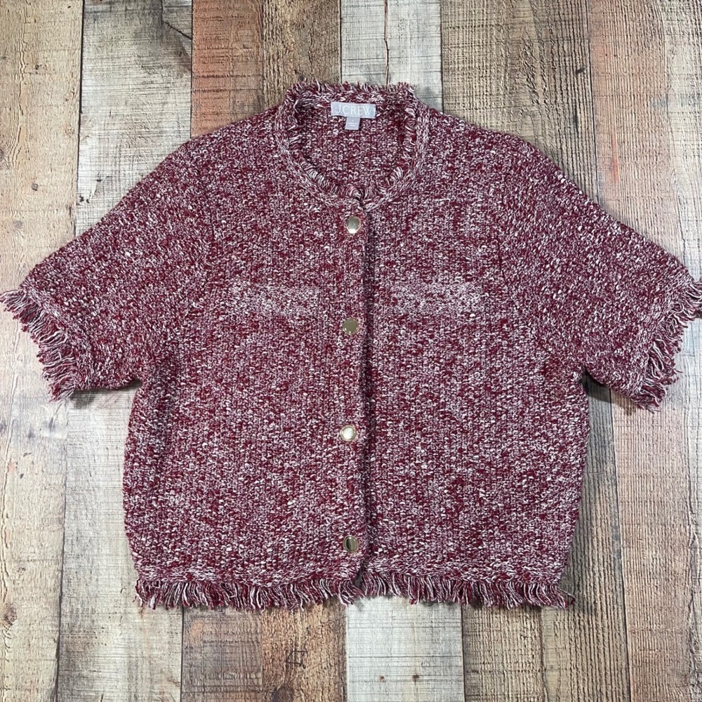 J.Crew Large Merlot Cropped Fringe Lady Jacket Gold Snap Marled Knit Sweater